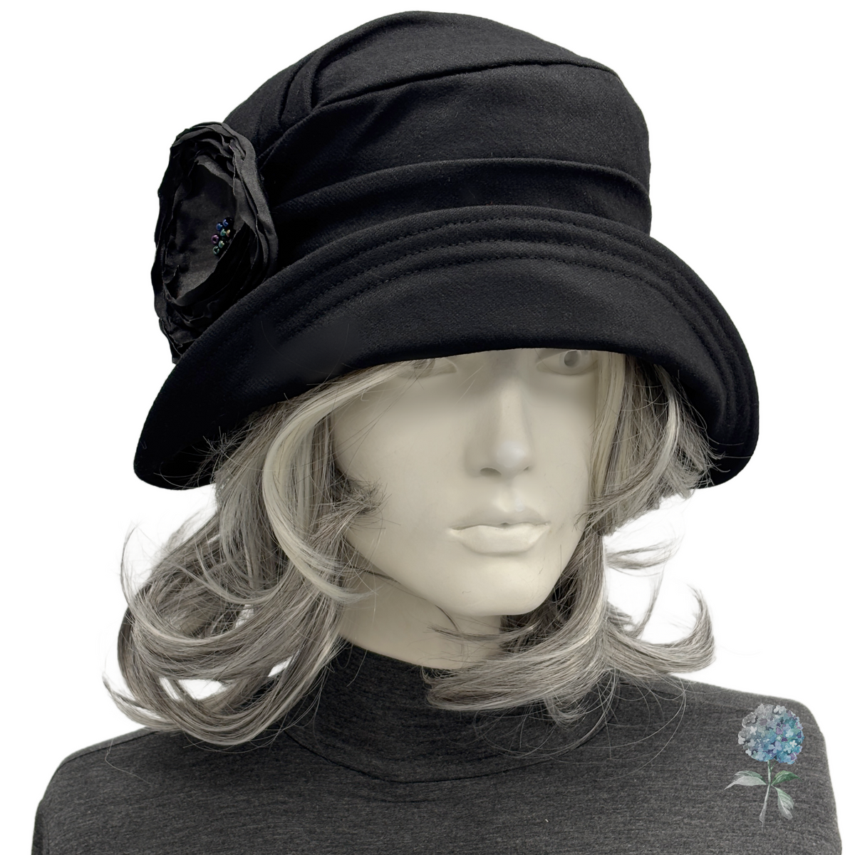 Unique Womens Winter Hats in Wool with Satin Rose