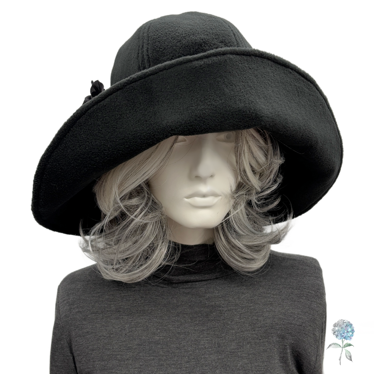 Handmade Black Fleece Hat with Sculpted Wide Brim and Hydrangea