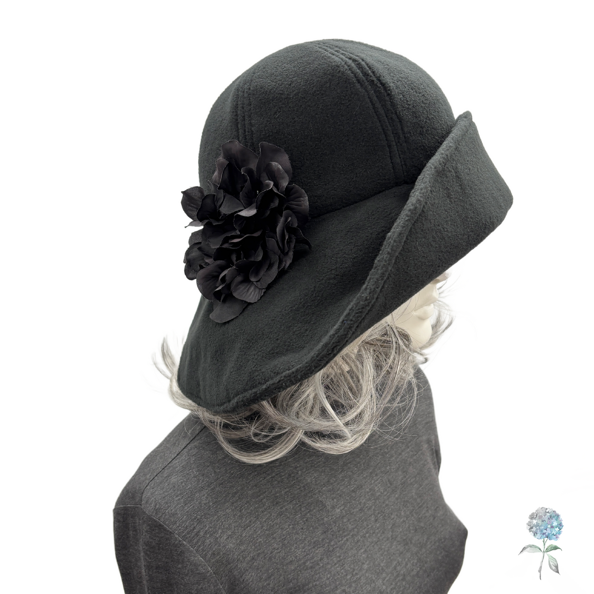 Handmade Black Fleece Hat with Sculpted Wide Brim and Hydrangea