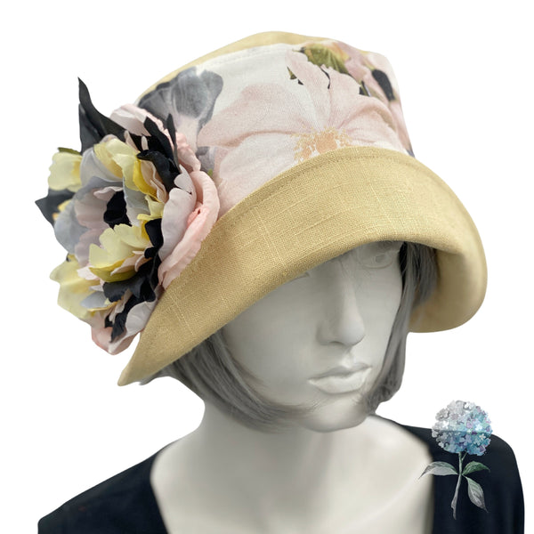 Summer Cloche Hat, Linen Hat with Floral Print and Large Peony Style Flower Brooch, 1920s Cloche Hat, Handmade in the USA