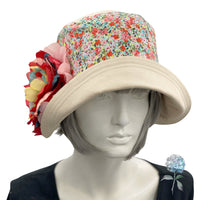 Cloche Hat Women, Cotton Hat with Floral Print and Large Peony Style Brooch, Flapper Hat, Tea Party Hat, Handmade in the USA