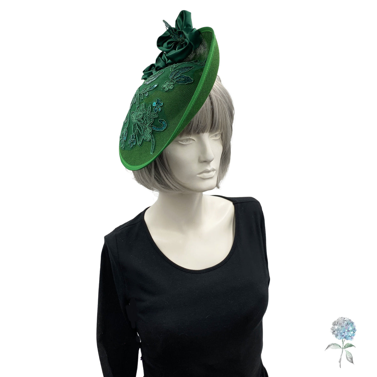Green Fascinator Hat with Sequin Appliqué and Satin Flowers 