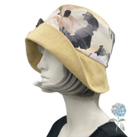 Summer Cloche Hat, Linen Hat with Floral Print and Large Peony Style Flower Brooch, 1920s Cloche Hat, Handmade in the USA