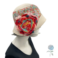 Cloche Hat Women, Cotton Hat with Floral Print and Large Peony Style Brooch, Flapper Hat, Tea Party Hat, Handmade in the USA