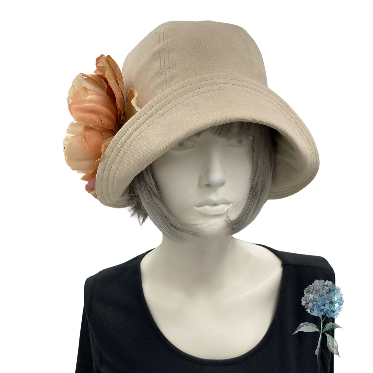 Womens Tan Cloche Hat With Floral Embellishment‎ 21.25” circumference Pin-up Grace Cloche Style Hat - Tumbleweed in Champagne  main image 2