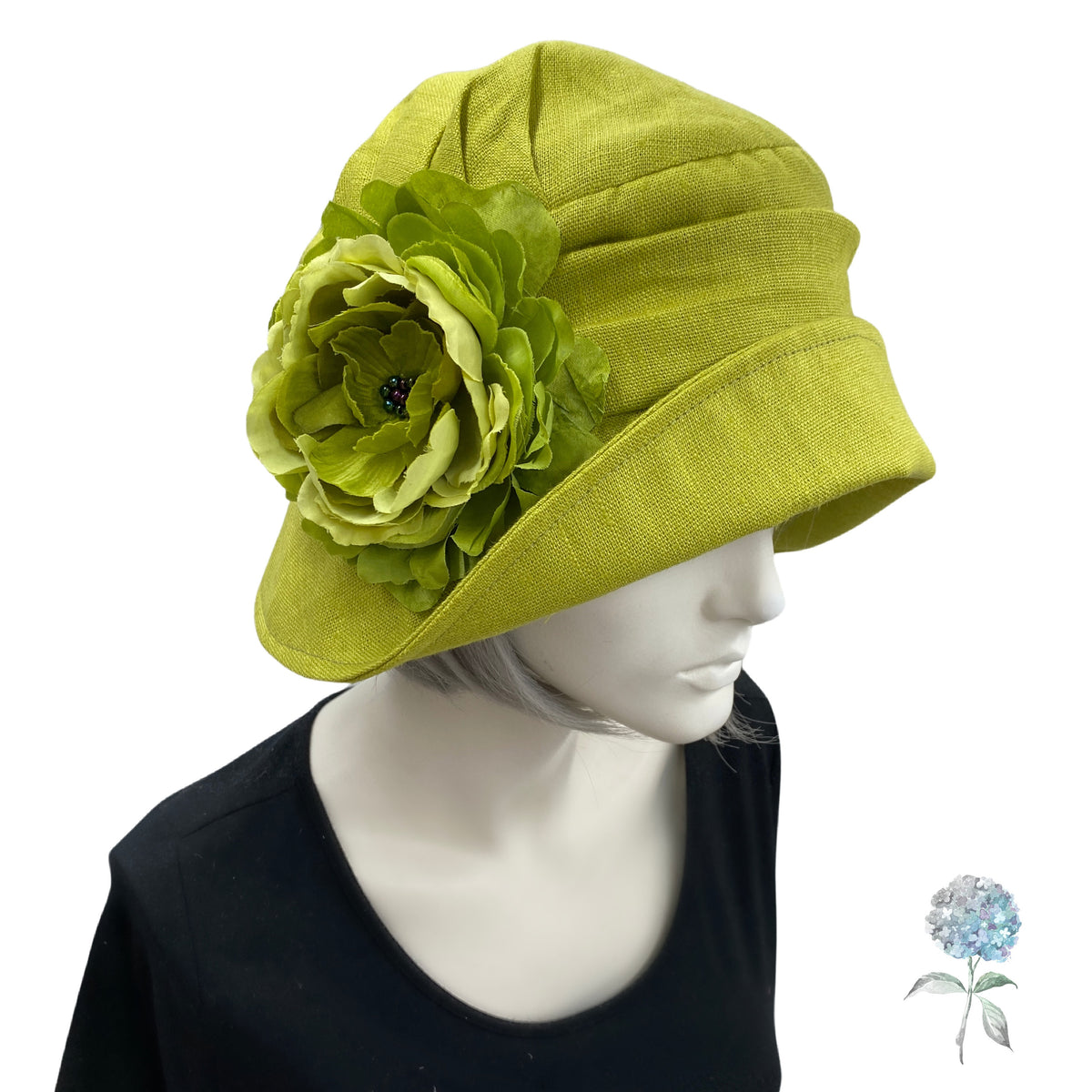 Cloche Hat in Chartreuse Green Linen with Flower | The Alice 