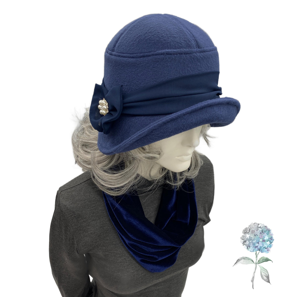 1920s Flapper Hat in Navy Blue Fleece with Chiffon Band and  display picture 1