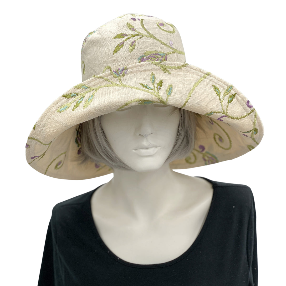 Wide Brim Womens Summer Hat In Embroidered Linen