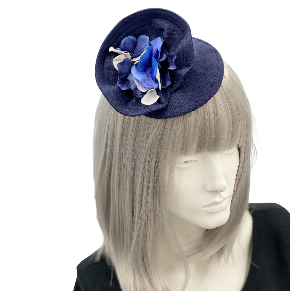 Navy Blue Linen Hydrangea Flower Fascinator Boston Millinery