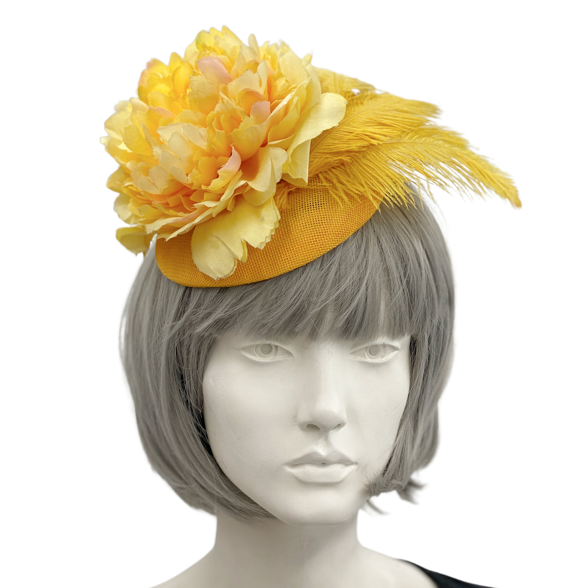 Yellow Peony and Feather Flower Fascinator – Boston Millinery