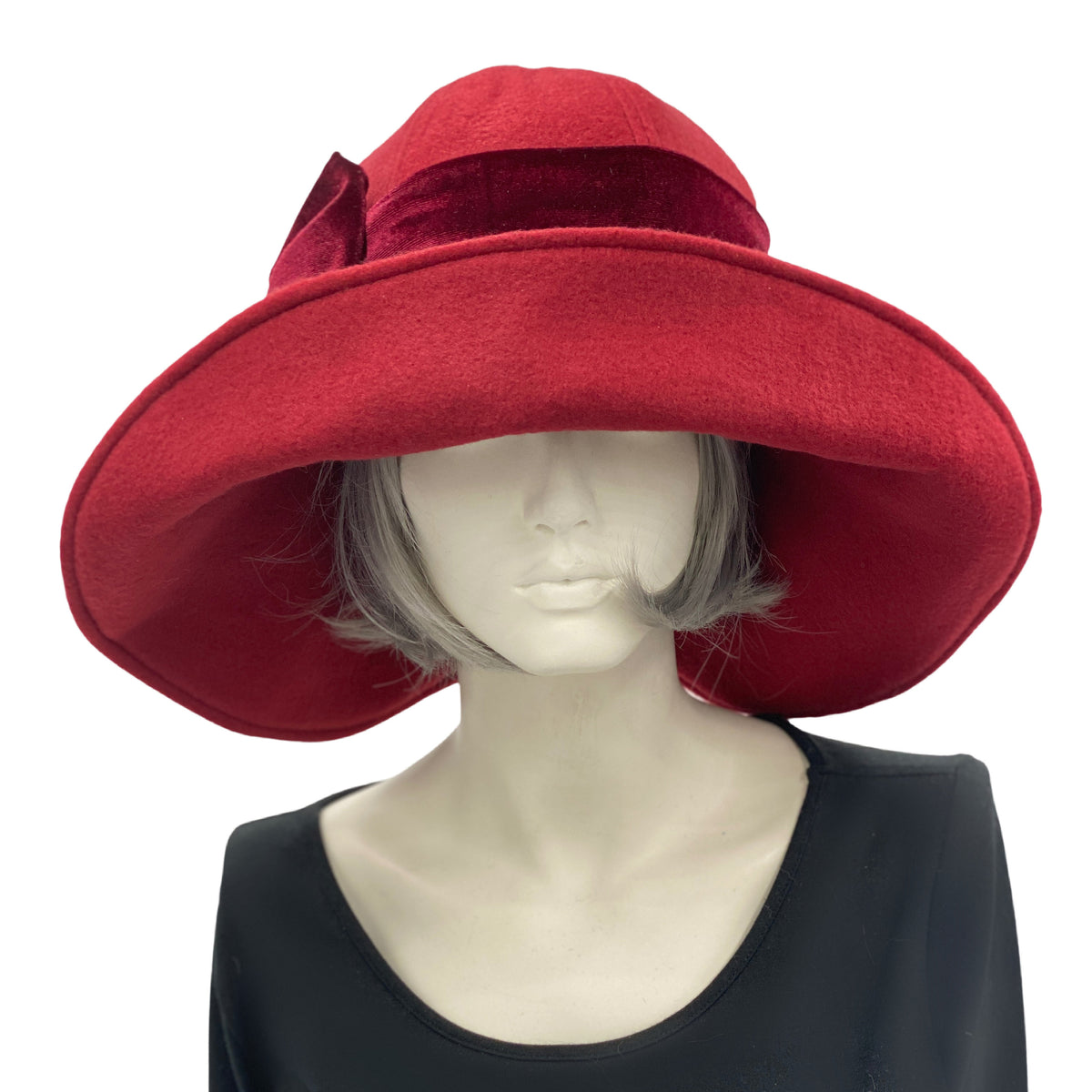 Wide Brim Hat in Burgundy Fleece with Velvet Bow – Boston  display picture 1