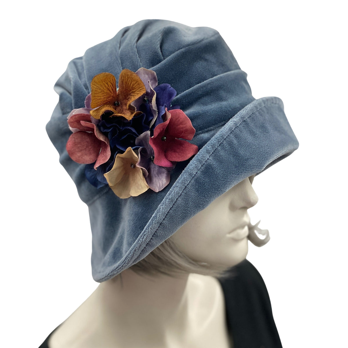 Elegant Floral Velvet Cloche Hat 1920s , original, wide brim straw cloche, apricot velvet  main image 3