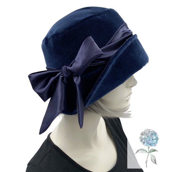 Cloche Hat Women, Navy Blue Velvet Hat with Satin Band and Bow, 1930s Hats, Winter Wedding