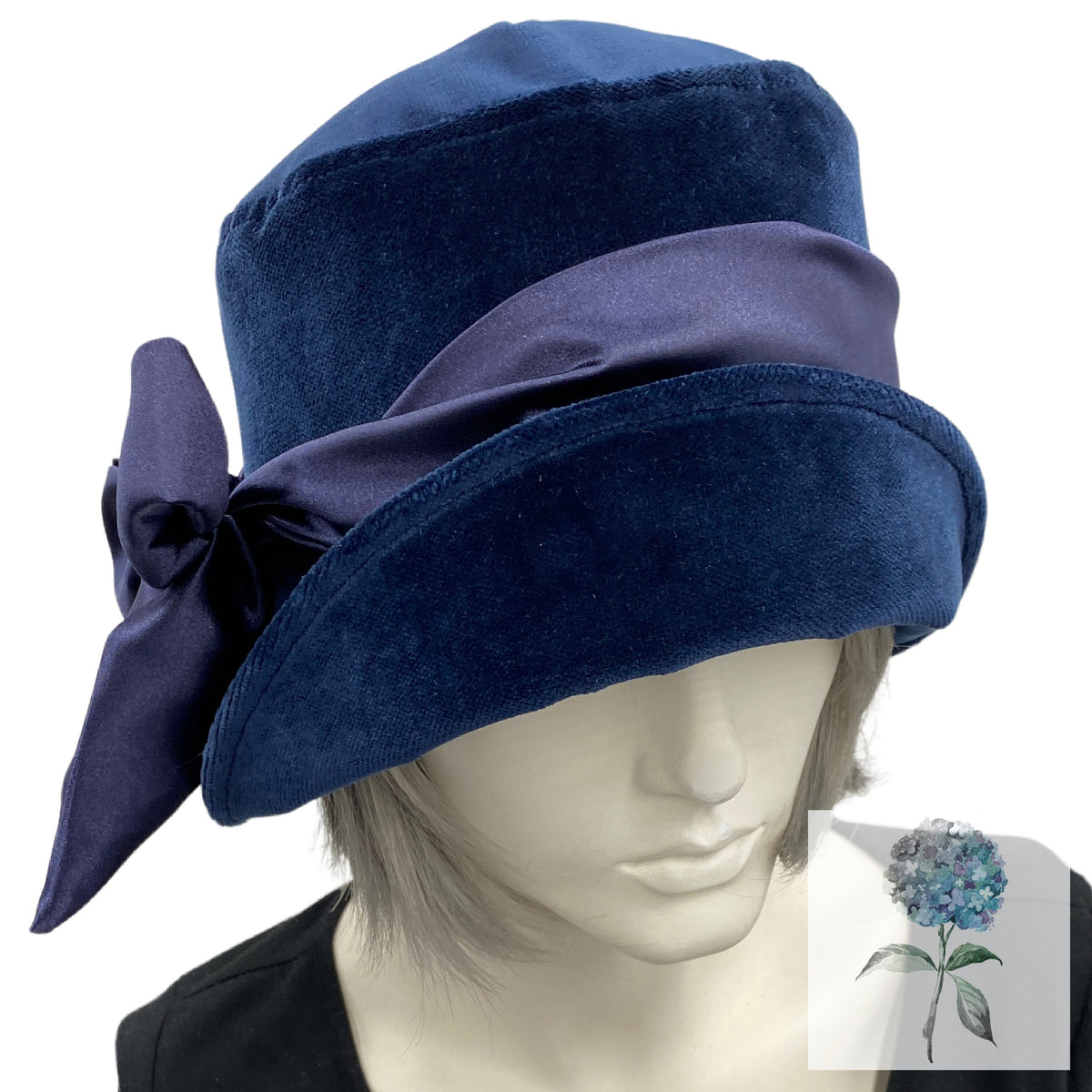Cloche Hat in Navy Blue Velvet Satin Band and Bow