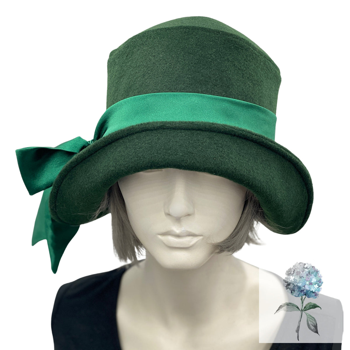 Dark Green Wool Cloche Hat with Satin Band and Bow | The  display picture 1