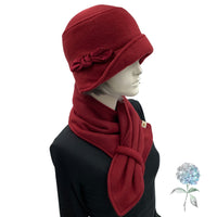 Cloche Hat and Neck Warmer Women in Burgundy Fleece, Hat and Scarf Set, 1920s Fashion, Handmade in the USA