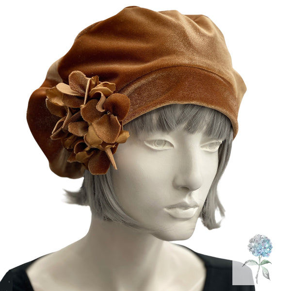 Velvet Beret with Hydrangea Flower Brooch, Butterscotch Toffee or Choose Your Color, Handmade Fall and Winter Hats, Chemo Headwear
