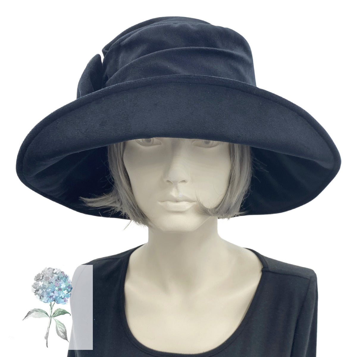 Chic Black Cloche Hat with Decorative Bow Silk cloche hat in black with a bow and grey lace trim  main image 2