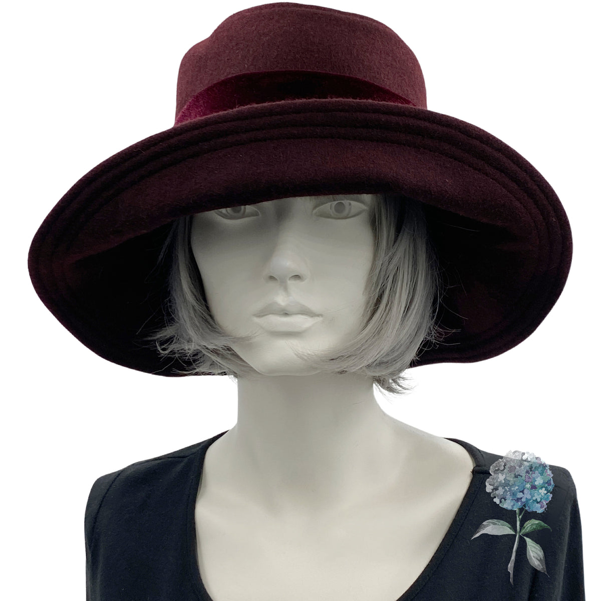 Wide Brim Hat for Women in Burgundy Wool with Rhinestone  display picture 2