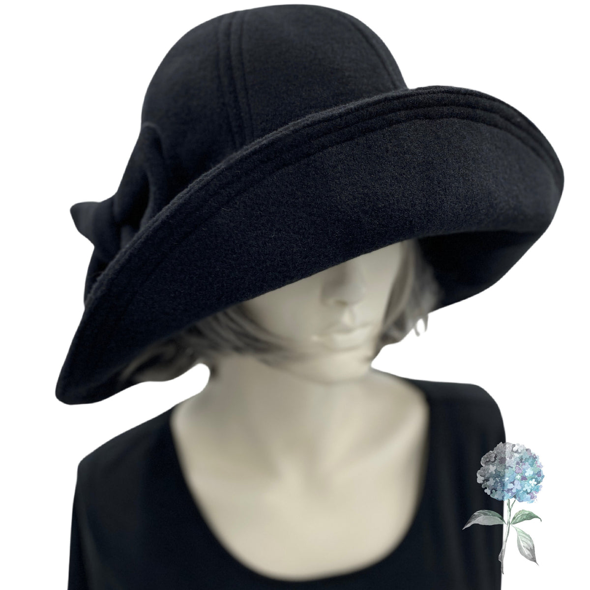 Wide Brim Hat in Black Fleece with Large Bow | The Derby  display picture 1