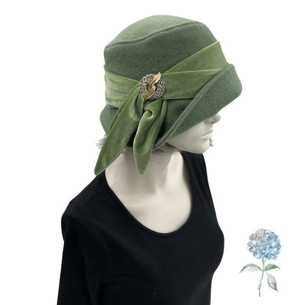 1920s Women Hat, Womens Cloche Hat, Handmade in Green Wool with Sage Green Velvet Tie and Vintage Rhinestone Embellishment, Satin Lined Hat