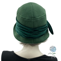 1920s Cloche Hat, Winter Hats Women, Fleece Hat with Velvet Band and Bow, Satin Lined, Dark Green Hat or Choose Your Color Handmade in USA
