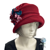 1920s Cloche Hat, Satin Lined Winter Hat, Burgundy Woolen Hat with Satin Hydrangea Petal Brooch, Unique Millinery, Handmade in the USA