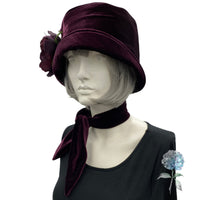Velvet Cloche Hat, 1920s Style Soft Elegant, Chemo Headwear, Eggplant Purple with Peony Flower Brooch and Velvet Necktie Scarf, Handmade USA