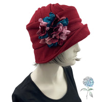 1920s Cloche Hat, Satin Lined Winter Hat, Burgundy Woolen Hat with Satin Hydrangea Petal Brooch, Unique Millinery, Handmade in the USA