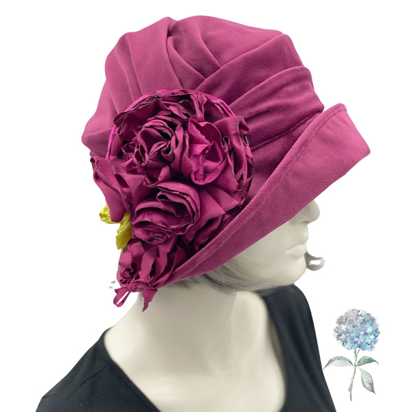 Cloche Hat Women, in Raspberry Velvet with Large Peony Style Brooch, 1920s Fashion, Unique Quality Millinery, Handmade in the USA
