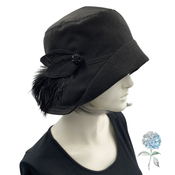 Rain Hat, Cloche Hat Women, 1920s Style, Removable Feather and Button Brooch, Showerproof Hat, Handmade in the USA