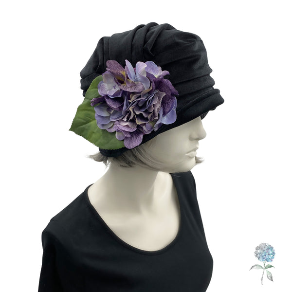 1920s Cloche Hat, Black Velvet Hat with Removable Purple Hydrangea Brooch, Handmade in the USA, Chemo Headwear