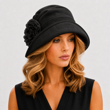 Summer Cloche Hat in Blue Linen with Chiffon Peony Flower | The Alice