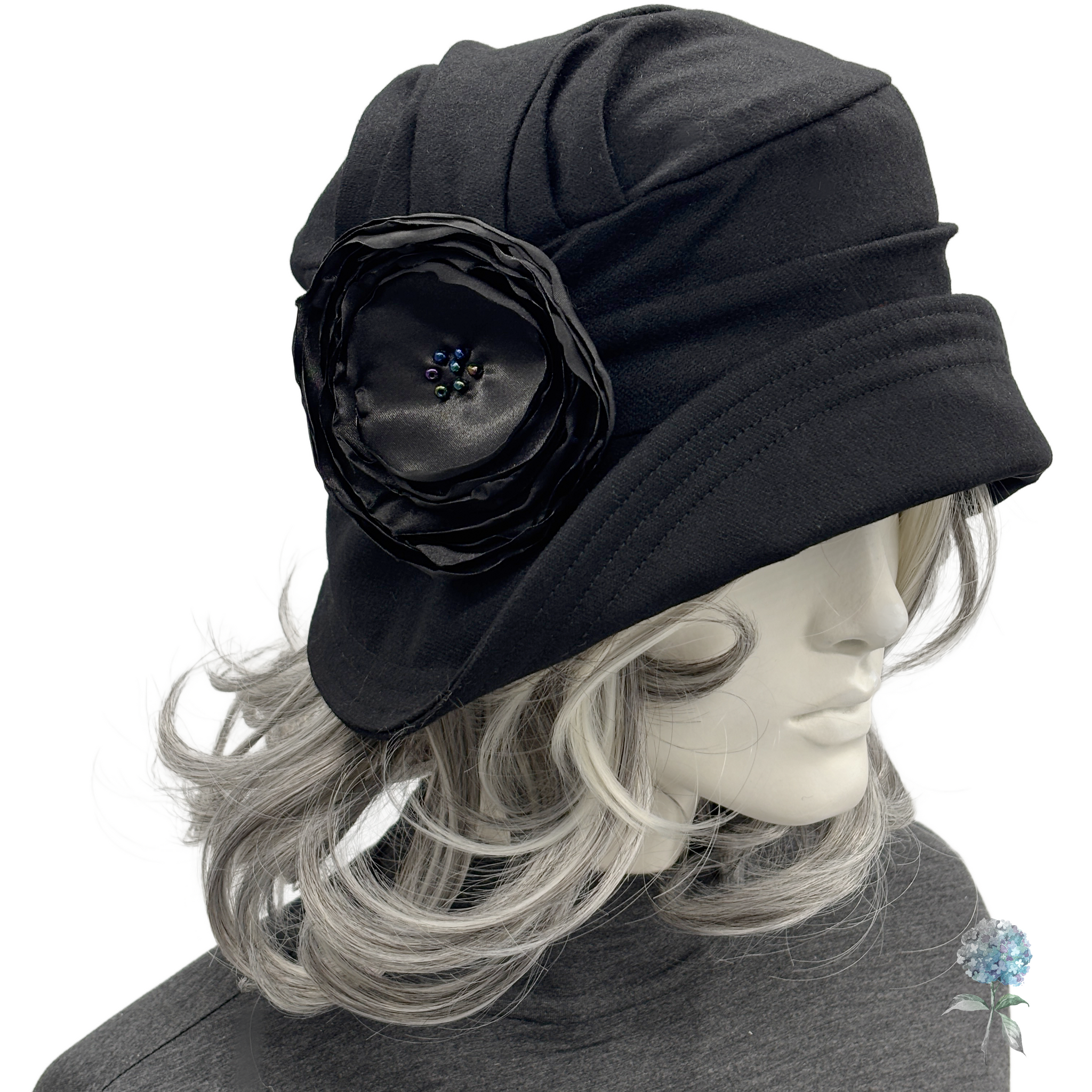 Designer Black Women\'s Cloche Hat with Gray Rose Accent Handmade Felted Cloche Hat: Black Wool, Red Roses, Art Deco  main image 3