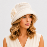 Summer Cloche Hat in Blue Linen with Chiffon Peony Flower | The Alice
