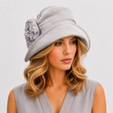 Summer Cloche Hat in Blue Linen with Chiffon Peony Flower | The Alice