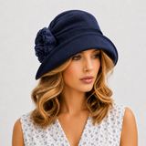 Summer Cloche Hat in Blue Linen with Chiffon Peony Flower | The Alice