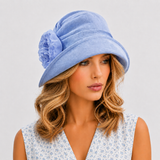 Summer Cloche Hat in Blue Linen with Chiffon Peony Flower | The Alice