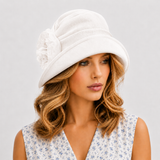 Summer Cloche Hat in Blue Linen with Chiffon Peony Flower | The Alice