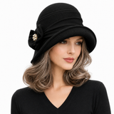1920s Navy Blue Fleece Cloche Hat with Chiffon Band and Pearl | The Amelia