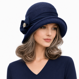 1920s Navy Blue Fleece Cloche Hat with Chiffon Band and Pearl | The Amelia