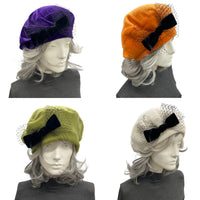 Orange Fleece Beret with Black Velvet Ribbon and Net Bow | Size Medium Ready to Ship