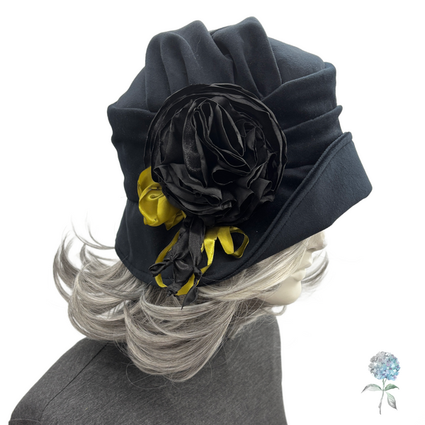Black Velvet Cloche Hat with Oversized Satin Peony | The Alice