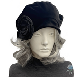 Black Velvet Beret with Removable Satin Rose