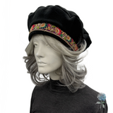 Handmade Fleece Beret with Embroidered Floral Trim – Size Medium