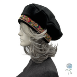 Handmade Fleece Beret with Embroidered Floral Trim – Size Medium