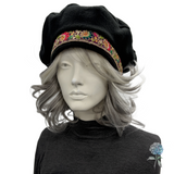 Handmade Fleece Beret with Embroidered Floral Trim – Size Medium