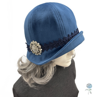 Blue Velvet Cloche Hat with Crystal Embellishment | The Polly