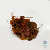 Handmade Autumn Hydrangea Fascinator with Cinnamon Net – Floral Headpiece for Weddings, Races & Fall Events