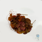 Handmade Autumn Hydrangea Fascinator with Cinnamon Net – Floral Headpiece for Weddings, Races & Fall Events